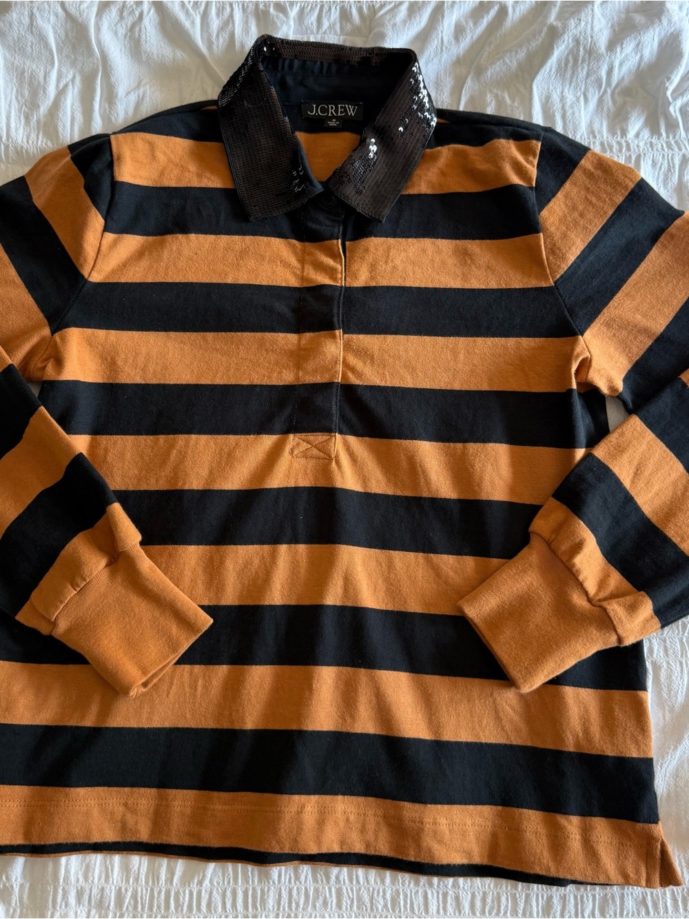 J. Crew Women’s Black and Orange Striped Rugby Polo with Sequin Collar Size M - Picture 2 of 10